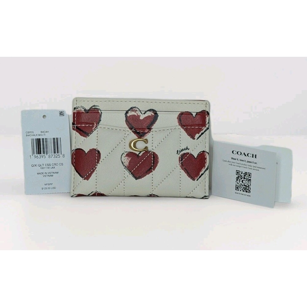 Coach Heart Card Case Leather Chalk White Brass NWT Rare Squeeze Top Slim Wallet